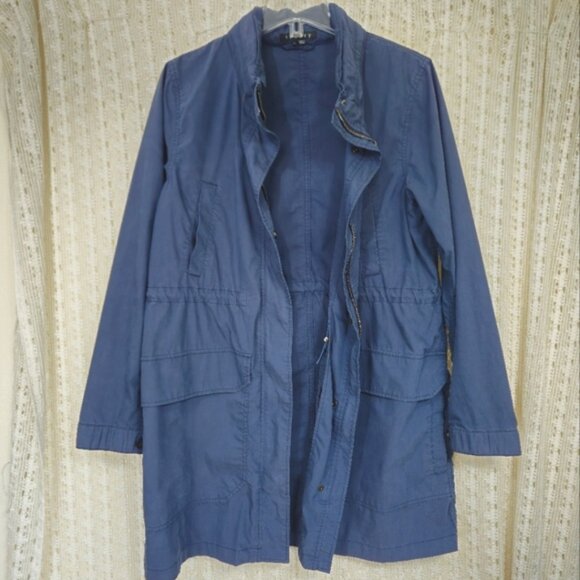Theory Hooded Blue Utility Trench Coat Jacket Size Large - Picture 2 of 9